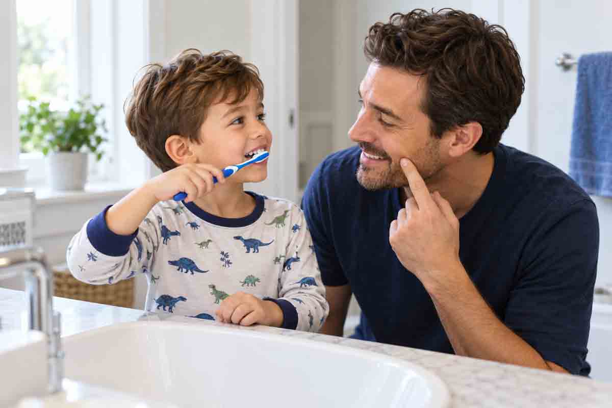 A father helping his young son learn to brush his teeth at the bathroom sink