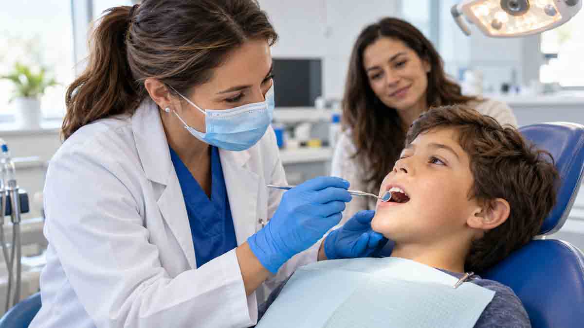 A child receiving a gentle dental examination with a parent nearby