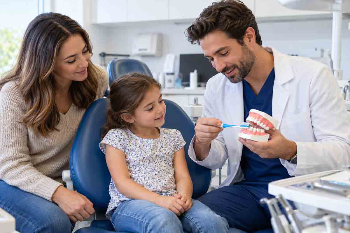 A dentist demonstrating brushing to a young girl with her mother beside her